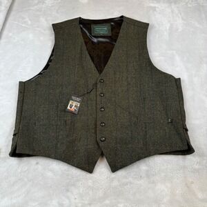 Mucros Weavers Mens XXL Tweed Vest 100% Wool Herringbone Waistcoat Green Ireland